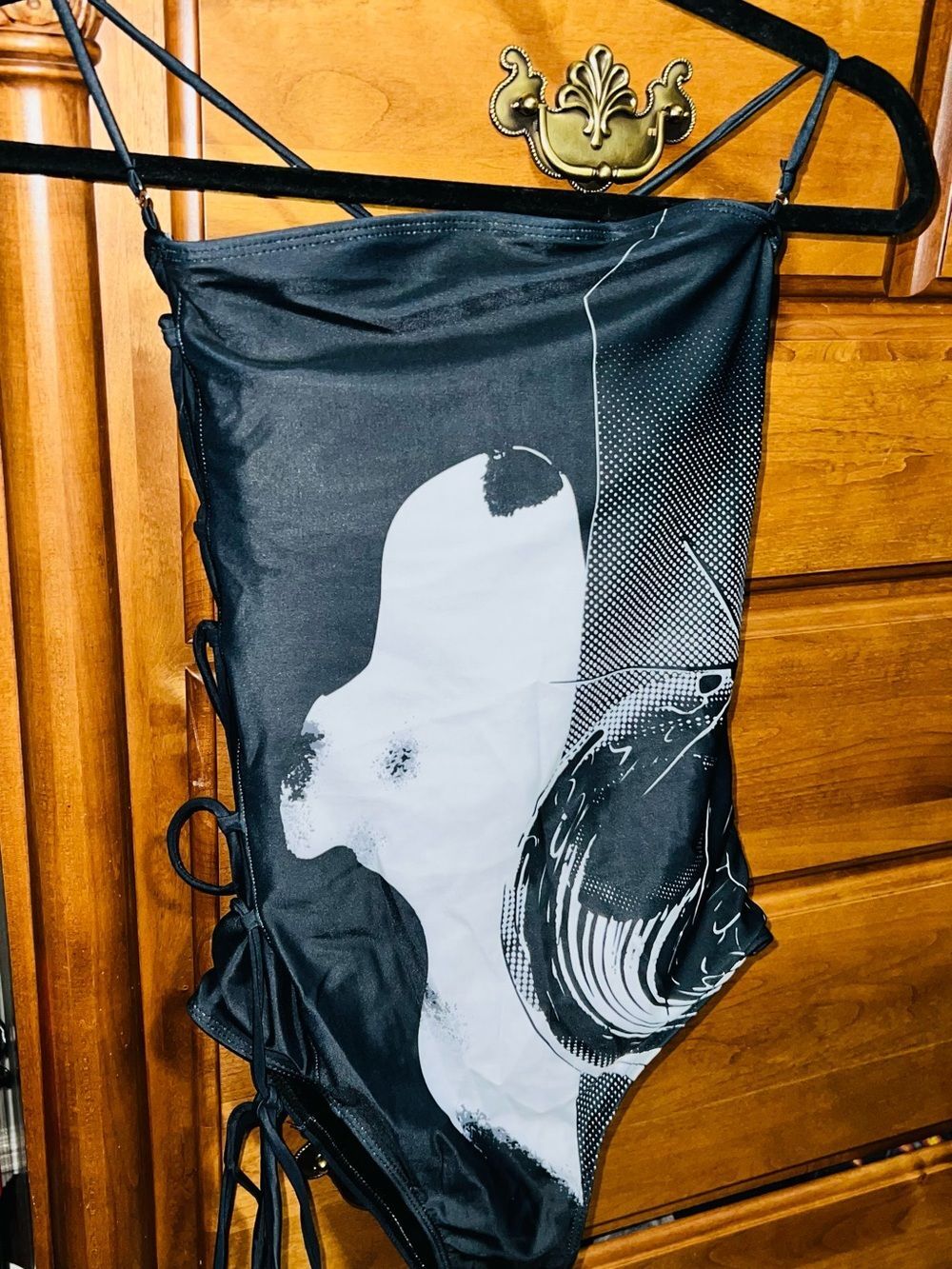 Black & White Graphic One-Piece Swimsuit with Side Tie Details large